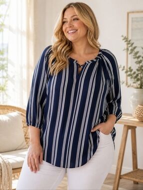 Maurices Navy & White Striped Blouse | Flowy 3/4 Sleeve Top | Size 1x